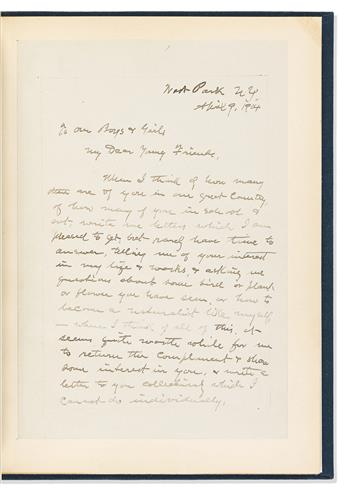 BURROUGHS, JOHN. Autograph Letter Signed, To our Boys & Girls, open letter to aspiring naturalists.